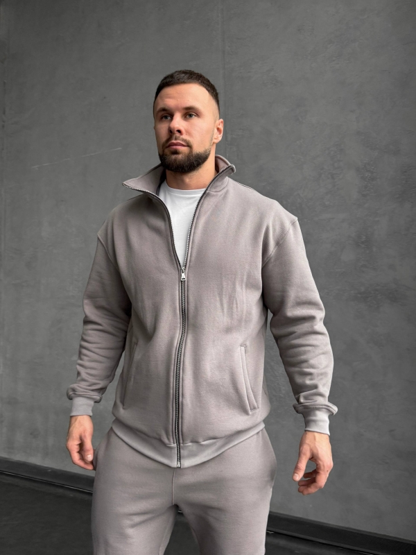 Серый мужской теплый спортивный костюм с начесом с кофтой на молнии К-976