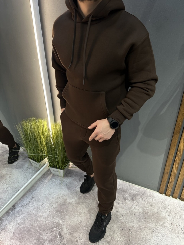 Темно коричневий чоловічий теплий спортивний костюм на флісі з капюшоном К-978