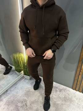Темно коричневий чоловічий теплий спортивний костюм на флісі з капюшоном К-978