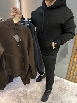 Темно коричневий чоловічий теплий спортивний костюм на флісі з капюшоном К-978