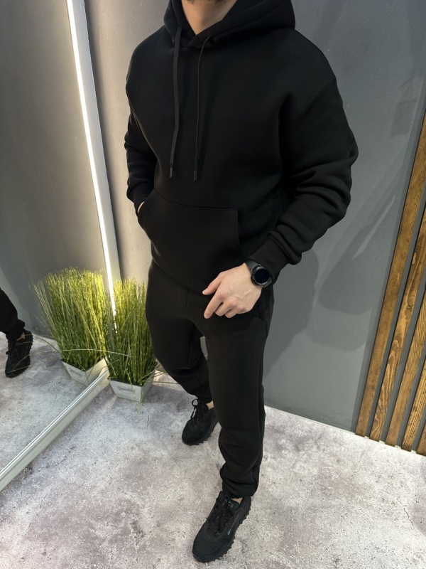 Черный зимний качественный мужской спортивный костюм на флисе с капюшоном К-980