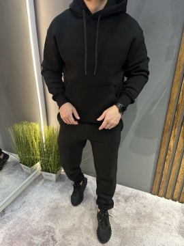 Черный зимний качественный мужской спортивный костюм на флисе с капюшоном К-980