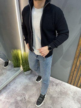 Темно-синя тепла в'язана чоловіча кофта на блискавці Т-1345 