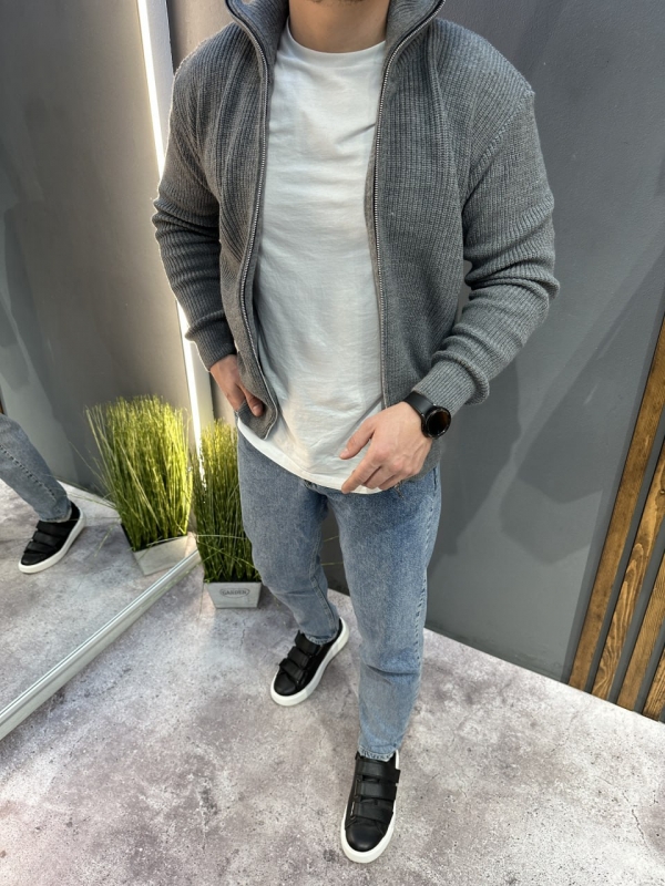 Темно-сіра чоловіча зимова в'язана кофта на блискавці Т-1346