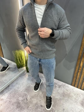 Темно-сіра чоловіча зимова в'язана кофта на блискавці Т-1346