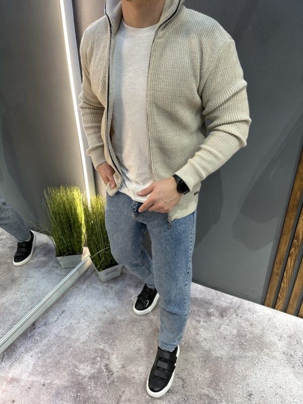 Тепла в'язана чоловіча світло-бежева кофта на блискавці Т-1348