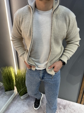 Тепла в'язана чоловіча світло-бежева кофта на блискавці Т-1348