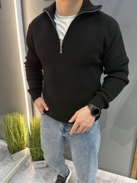Чорний чоловічий зимовий джемпер в'язаний на блискавці під шию Т-1350 
