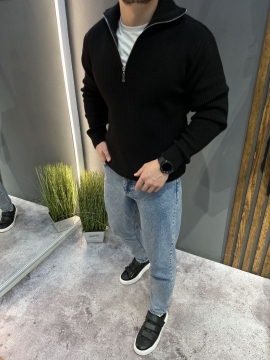 Чорний чоловічий зимовий джемпер в'язаний на блискавці під шию Т-1350 