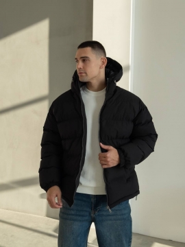 Черная мужская стеганая куртка с капюшоном на осень зиму К-1551