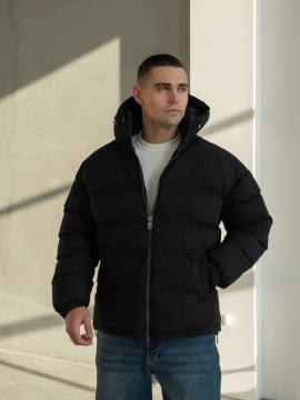 Черная мужская стеганая куртка с капюшоном на осень зиму К-1551