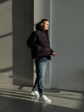 Черная мужская стеганая куртка с капюшоном на осень зиму К-1551