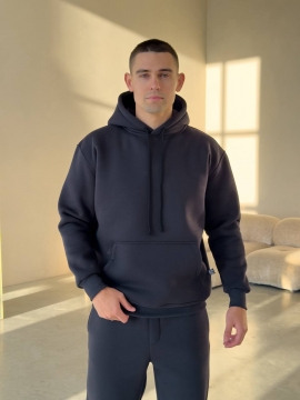 Теплый зимний мужской спортивный костюм с худи и капюшоном графит К-981