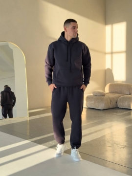 Теплый зимний мужской спортивный костюм с худи и капюшоном графит К-981