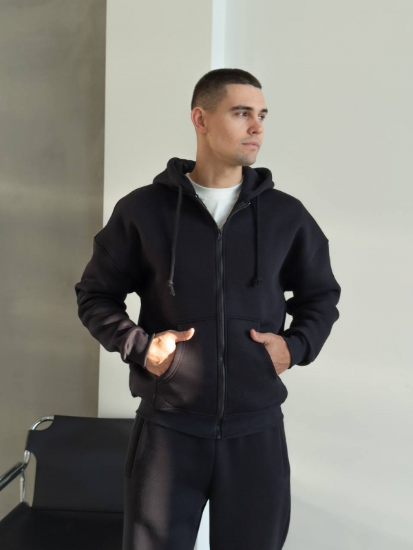 Черный теплый спортивный костюм с кофтой на молнии и капюшоном К-982