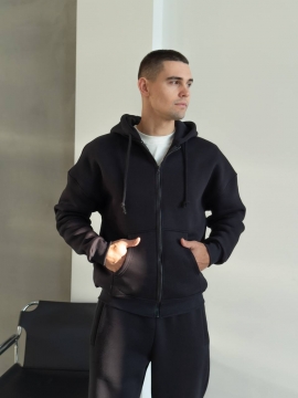 Черный теплый спортивный костюм с кофтой на молнии и капюшоном К-982