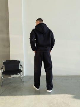 Черный теплый спортивный костюм с кофтой на молнии и капюшоном К-982