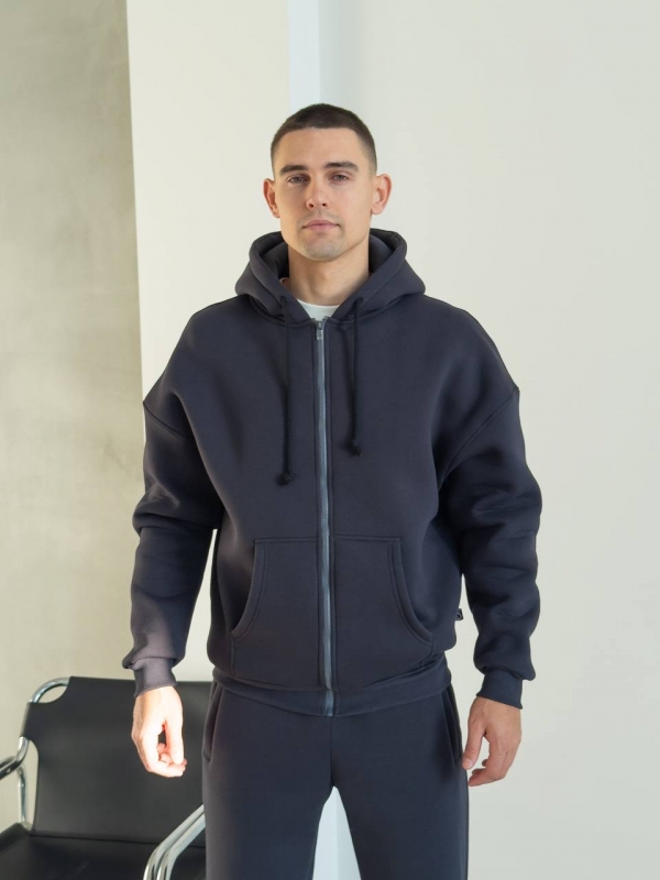 Теплый мужской зимний костюм графит оверсайз на молнии с капюшоном К-984