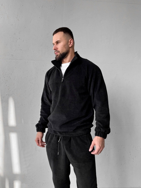 Флисовый зимний мужской костюм черный без капюшона К-985