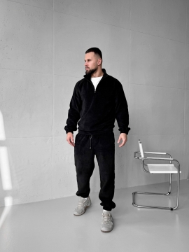 Флисовый зимний мужской костюм черный без капюшона К-985