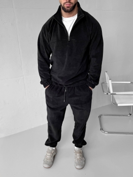 Флисовый зимний мужской костюм черный без капюшона К-985