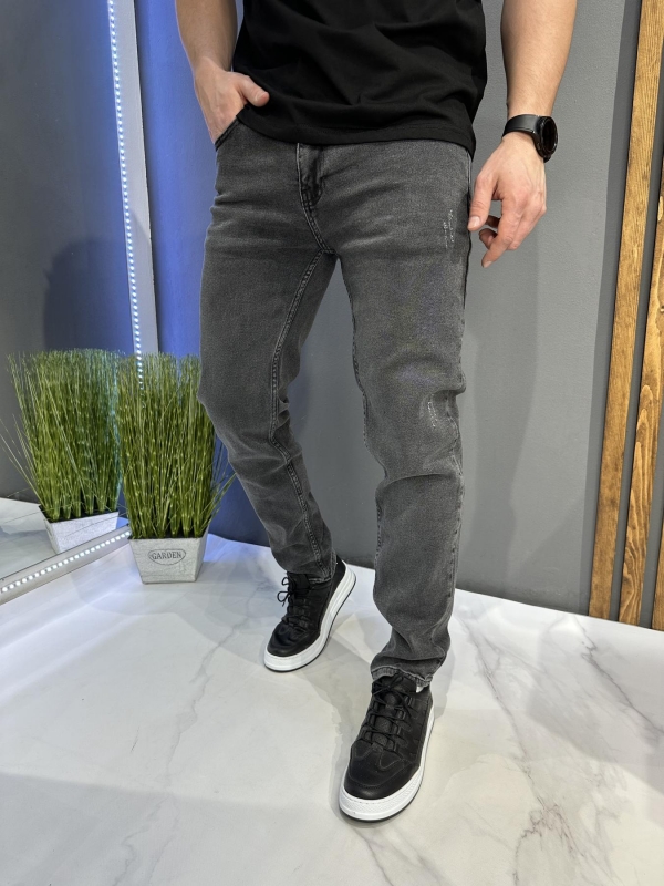 Мужские подзауженные джинсы BigBull темно серые с потертостями Д-856