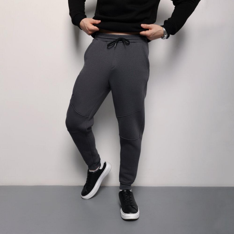 Теплые мужские спортивные штаны графит с манжетами Б-702