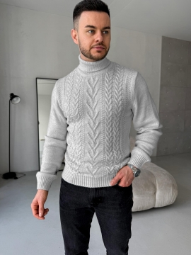 Світло сірий чоловічий в'язаний светр з візерунками під горло Т-1355