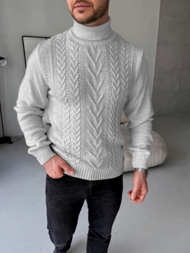 Світло сірий чоловічий в'язаний светр з візерунками під горло Т-1355