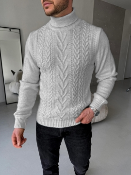 Світло сірий чоловічий в'язаний светр з візерунками під горло Т-1355