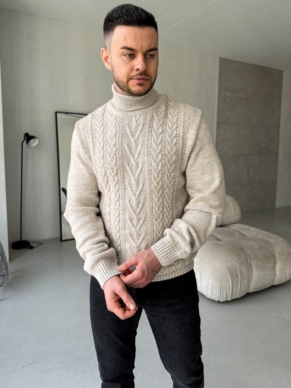 Светло бежевый свитер мужской с узорами под горло Т-1357