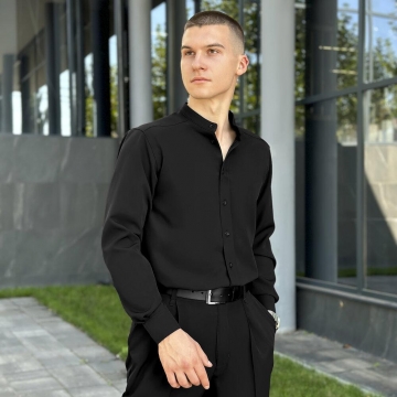 Черная однотонная рубашка воротник стойка с длинным рукавом Р-1537