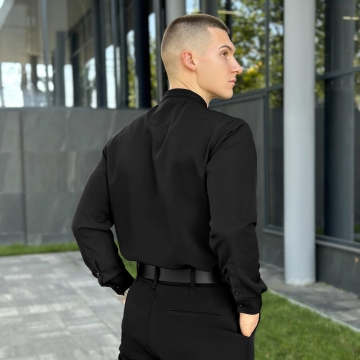 Черная однотонная рубашка воротник стойка с длинным рукавом Р-1537