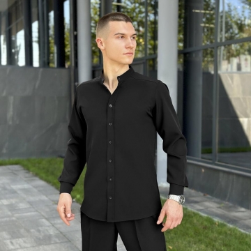Черная однотонная рубашка воротник стойка с длинным рукавом Р-1537