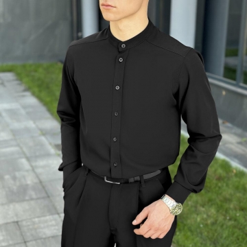 Черная однотонная рубашка воротник стойка с длинным рукавом Р-1537