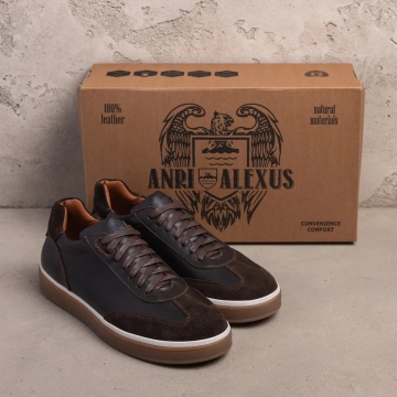 Мужские кожаные стильные коричневые кеды с коричневой подошвой Т-1029