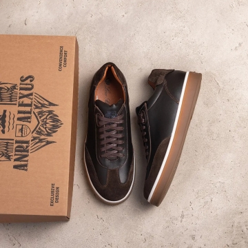 Мужские кожаные стильные коричневые кеды с коричневой подошвой Т-1029