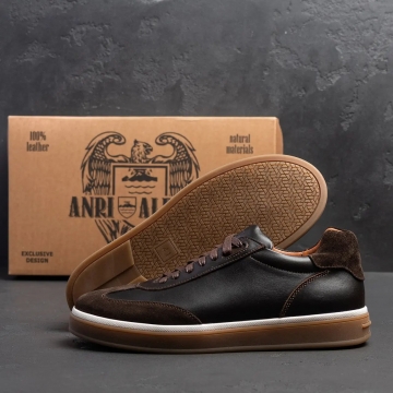 Мужские кожаные стильные коричневые кеды с коричневой подошвой Т-1029