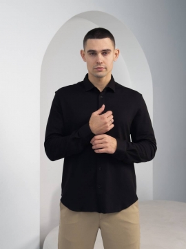 Черная стильная рубашка с длинным рукавом из текстурной ткани Р-1538