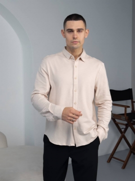 Бежевая мужская текстурная стильная рубашка с длинным рукавом Р-1539