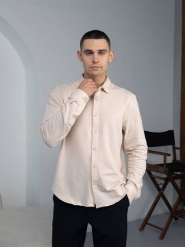 Бежевая мужская текстурная стильная рубашка с длинным рукавом Р-1539