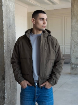 Демисезонная мужская куртка хаки из плащевки с капюшоном К-1555