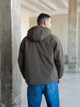 Демисезонная мужская куртка хаки из плащевки с капюшоном К-1555