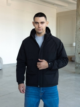 Черная мужская куртка весна осень из плащевки с капюшоном К-1556