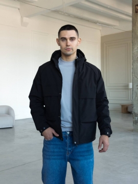 Черная мужская куртка весна осень из плащевки с капюшоном К-1556