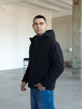 Черная мужская куртка весна осень из плащевки с капюшоном К-1556