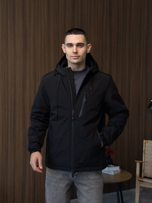 Черная стильная куртка мужская весна осень с капюшоном К-1559