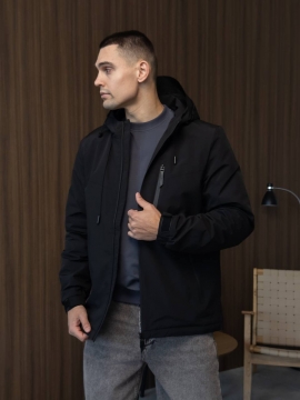 Черная стильная куртка мужская весна осень с капюшоном К-1559