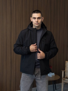 Черная стильная куртка мужская весна осень с капюшоном К-1559