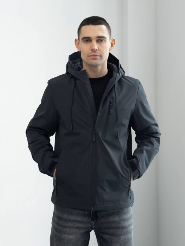 Темно серая мужская куртка весна осень с капюшоном К-1565
